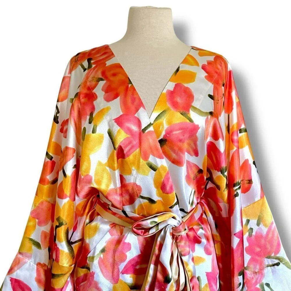 Vintage Natori Womens Robe Sz Large Orange Yellow Watercolor Floral Satin Luxury
